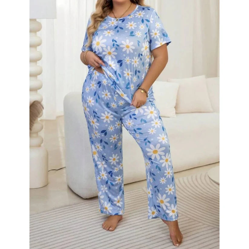 Sky Blue Flowers Print Half Sleeves T-shirt With Flowers Print Night Suit (KO-NS-502)