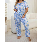 Sky Blue Flowers Print Half Sleeves T-shirt With Flowers Print Night Suit (KO-NS-502)