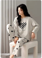 Grey Puzzle Heart Print With Heart Printed Trouser Full Sleeves Night Suit