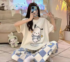 White Pochacco Print Half Sleeves Printed Night Suit