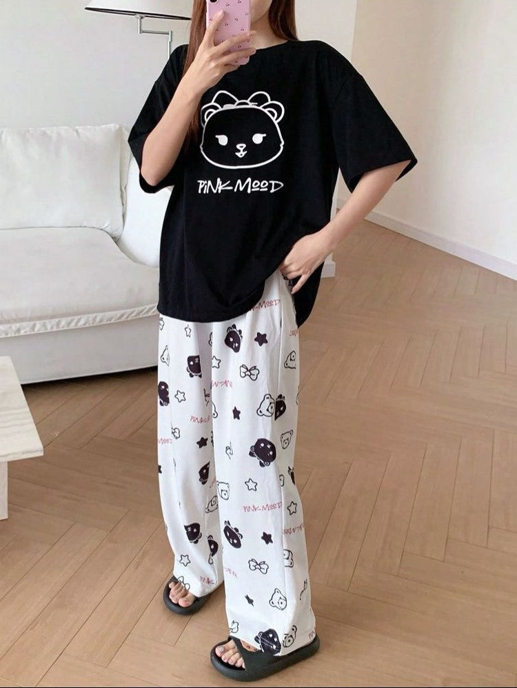 Black Pink Mood Print Printed Night Suit