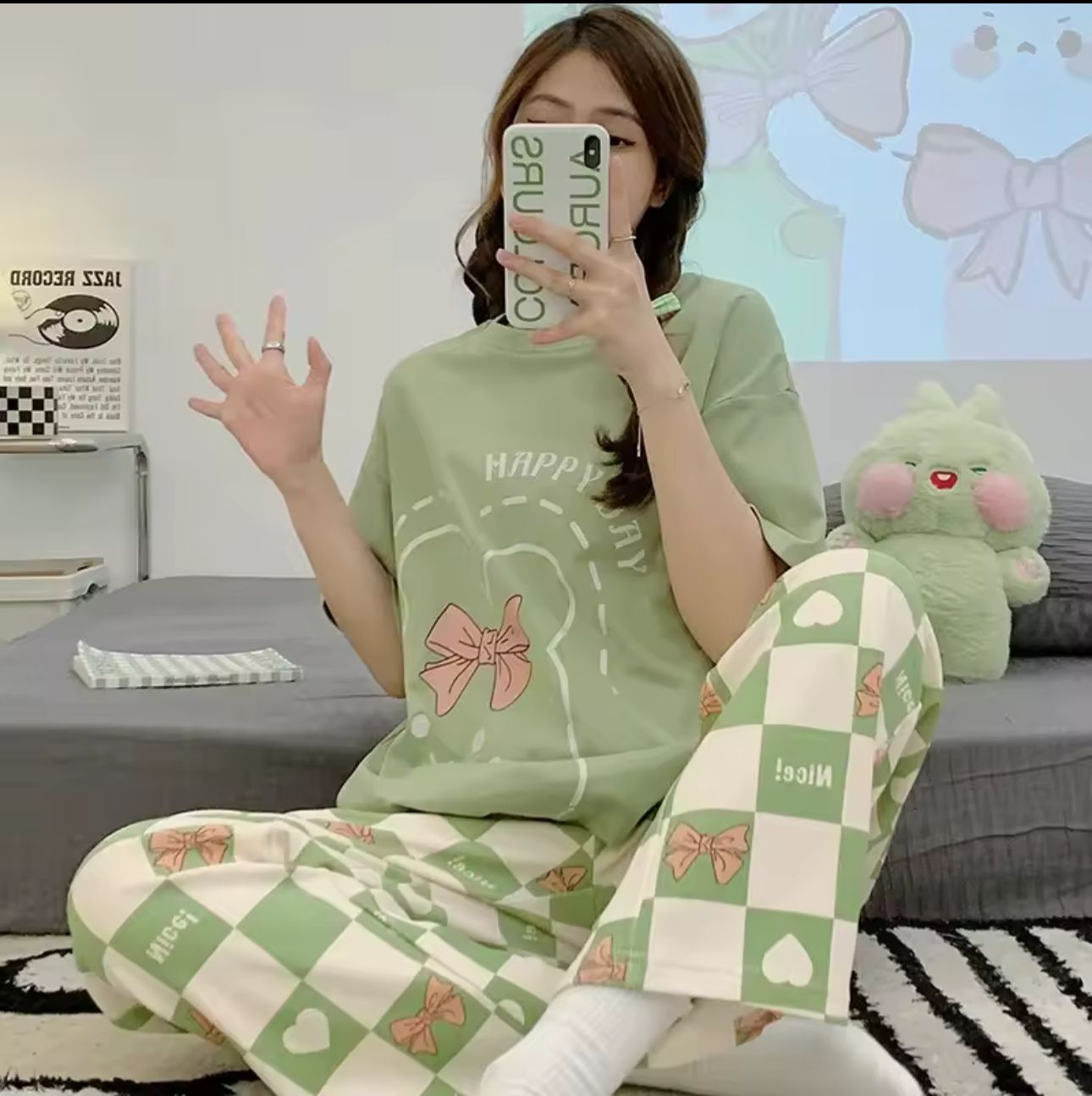 Olive Green Happy Day Printed Half Sleeves Night Suit