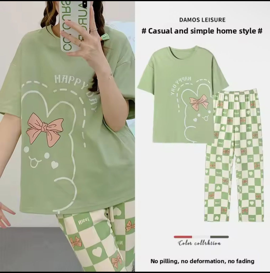 Olive Green Happy Day Printed Half Sleeves Night Suit