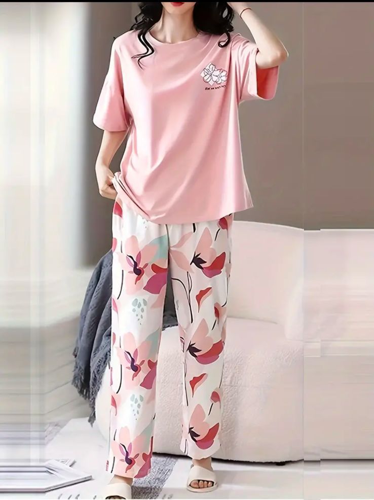 Pink Flowers Half Sleeves Printed Night Suit