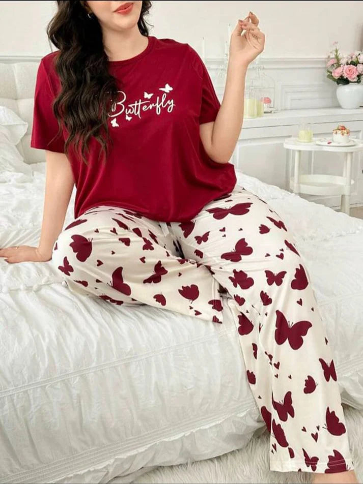 Maroon Butterfly Half Sleeves Printed Shirt with Butterfly Printed Trouser