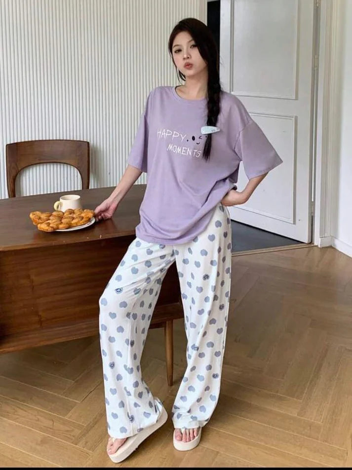 Lilac Happy Moments Printed Half Sleeves Shirt with Hearts Printed Trouser