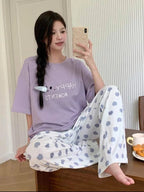 Lilac Happy Moments Printed Half Sleeves Shirt with Hearts Printed Trouser