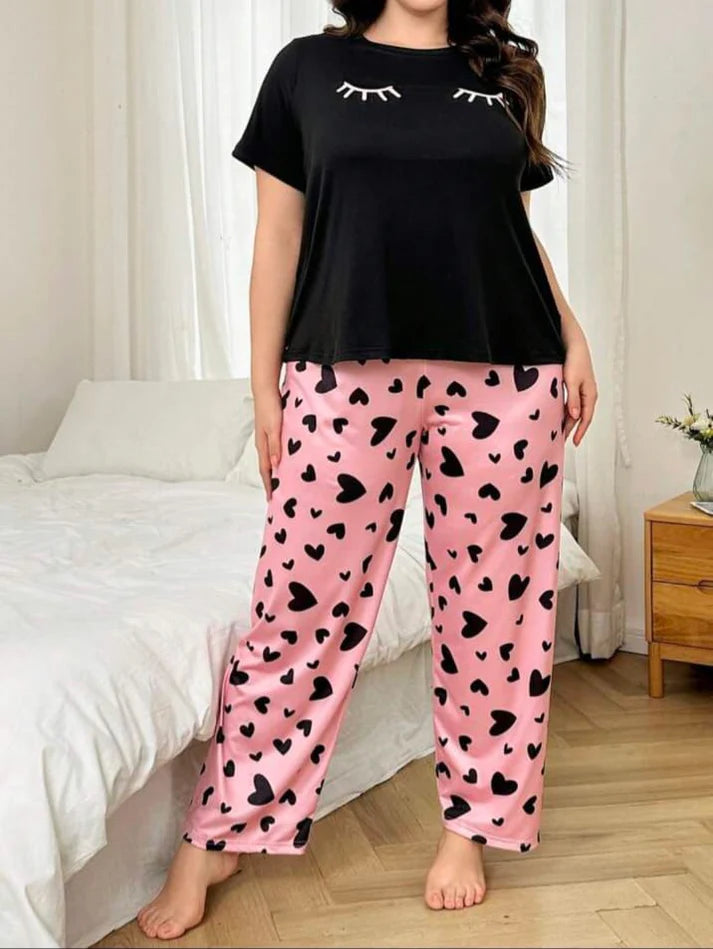 Black Sleepy Eyes Half Sleeves Printed Shirt with Hearts printed trouser