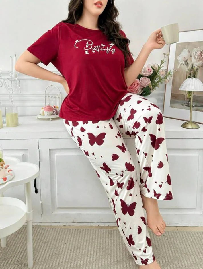 Maroon Butterfly Half Sleeves Printed Shirt with Butterfly Printed Trouser