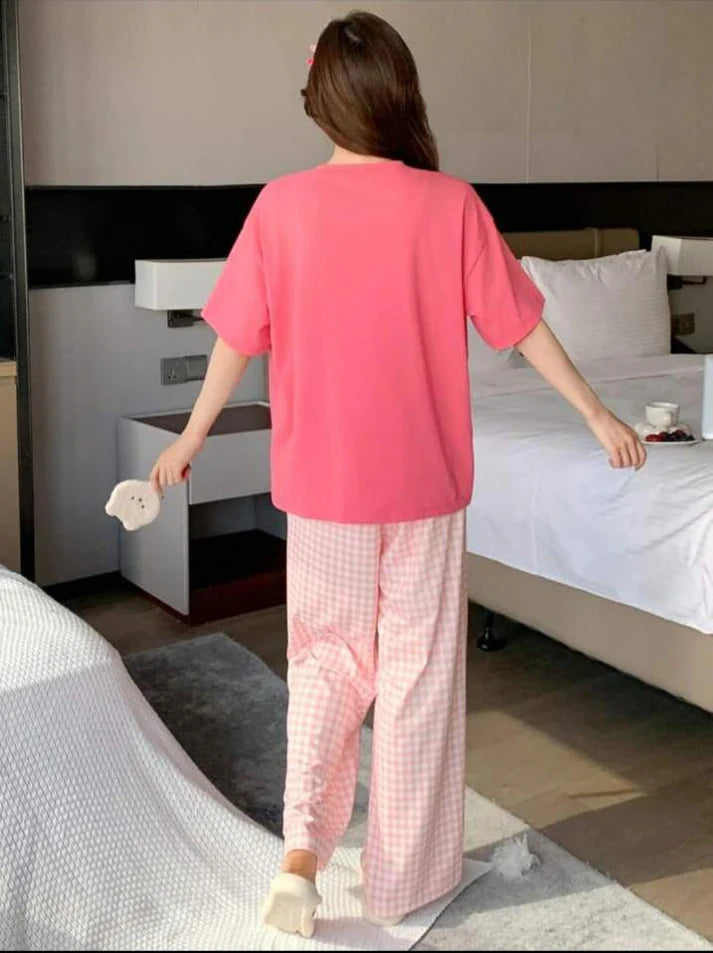 Pink Juices Printed Half Sleeves Shirt With check Printed Trouser Night wear