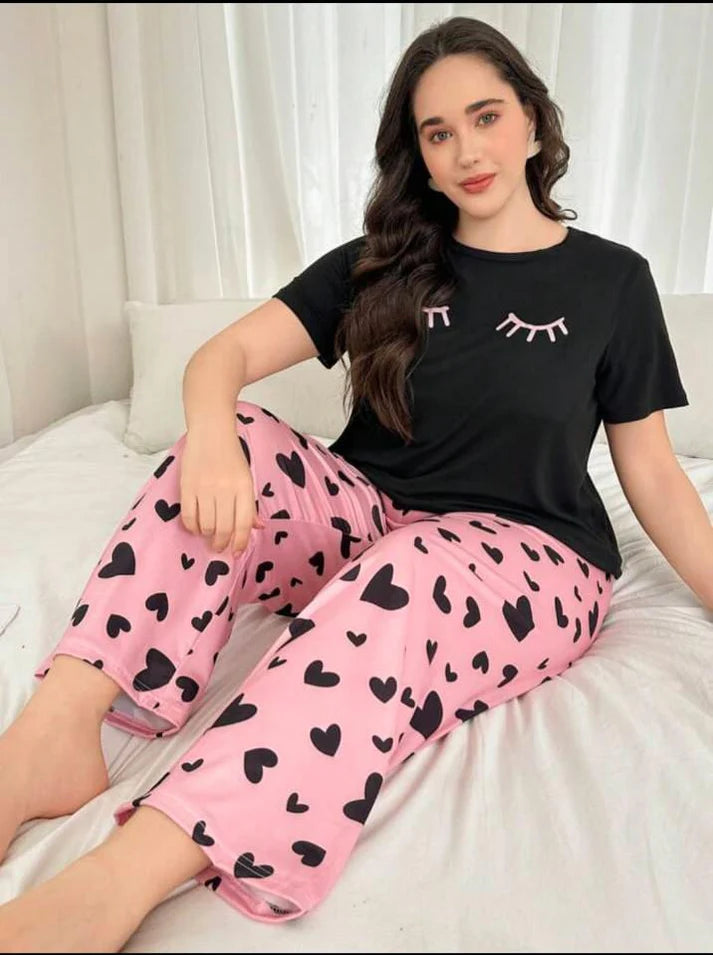 Black Sleepy Eyes Half Sleeves Printed Shirt with Hearts printed trouser