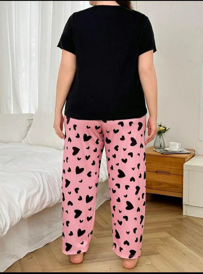 Black Sleepy Eyes Half Sleeves Printed Shirt with Hearts printed trouser
