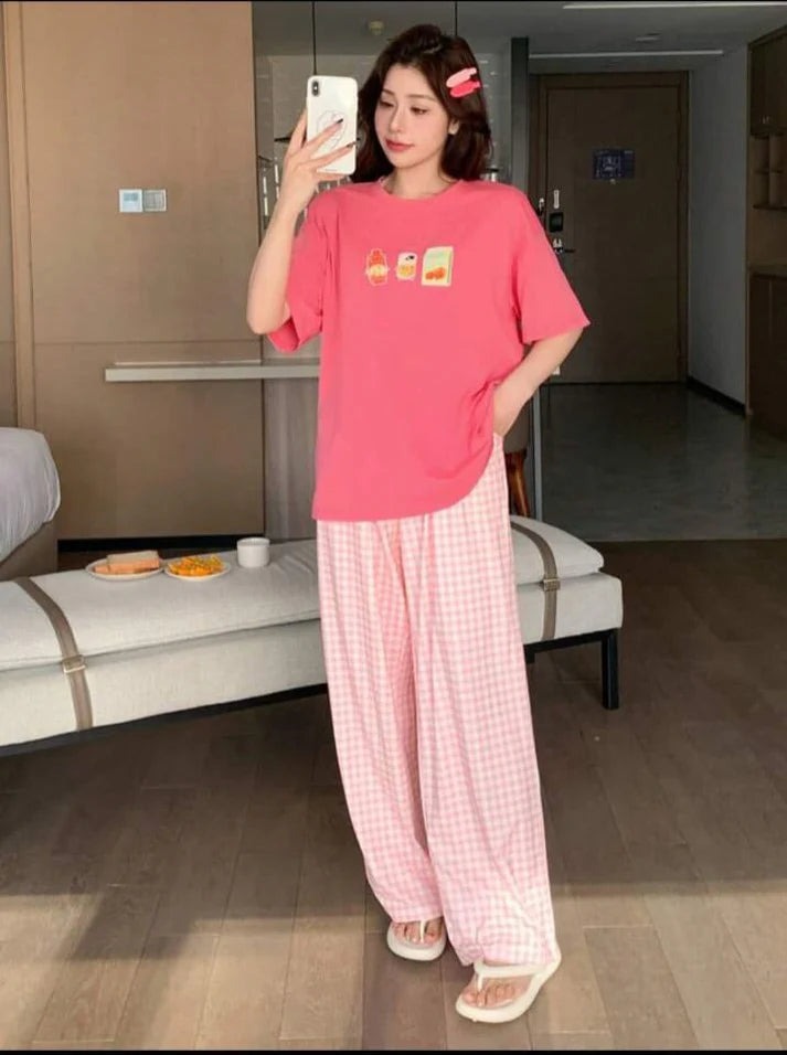 Pink Juices Printed Half Sleeves Shirt With check Printed Trouser Night wear