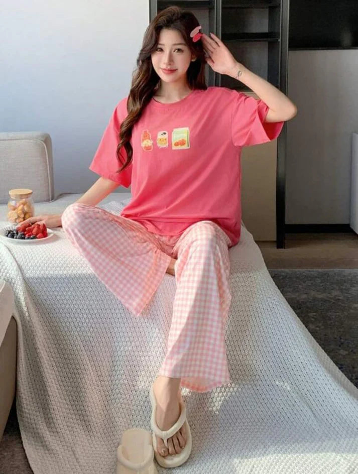 Pink Juices Printed Half Sleeves Shirt With check Printed Trouser Night wear