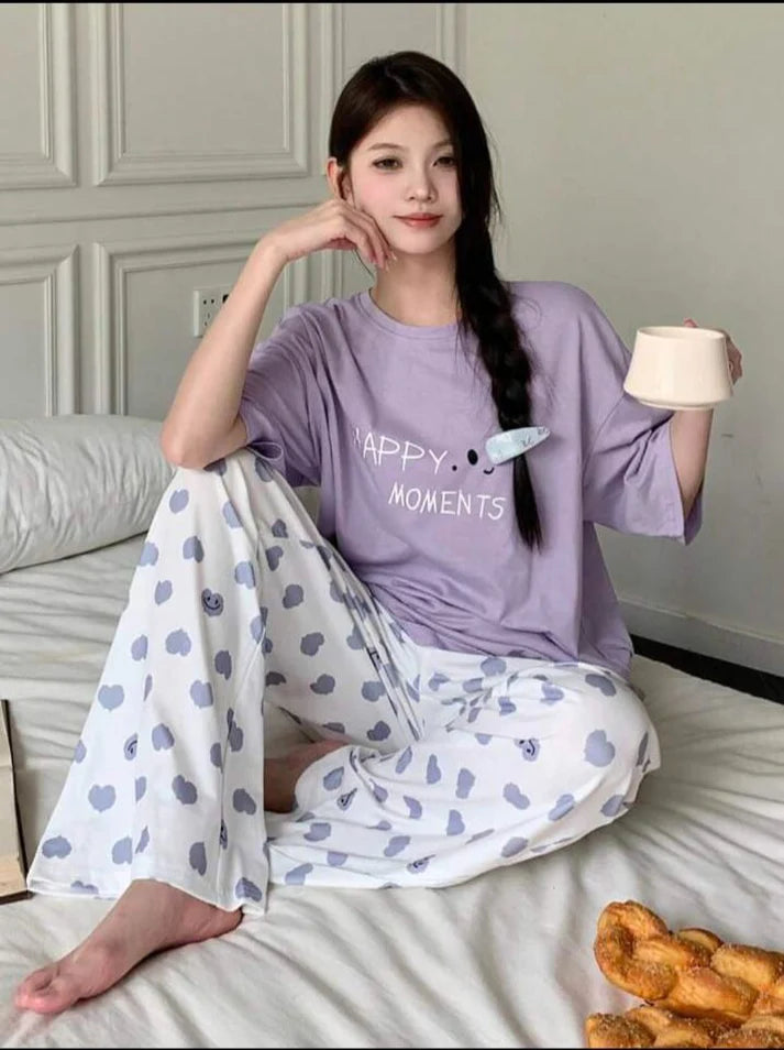 Lilac Happy Moments Printed Half Sleeves Shirt with Hearts Printed Trouser