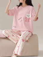 Baby Pink Happy Bear Print Half Sleeves Printed Night Suit