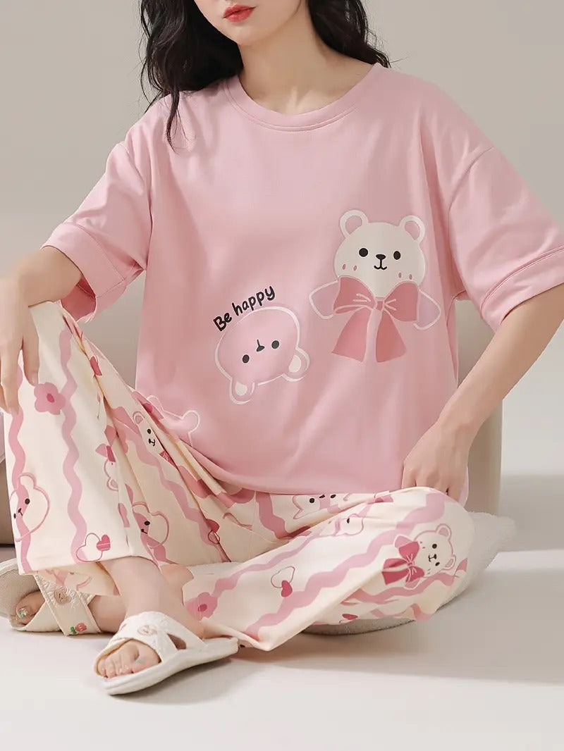 Baby Pink Happy Bear Print Half Sleeves Printed Night Suit