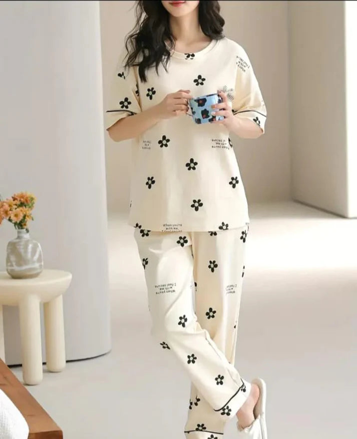 Off White Black All over flowers Print Half Sleeves Night Suit