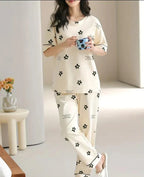 Off White Black All over flowers Print Half Sleeves Night Suit