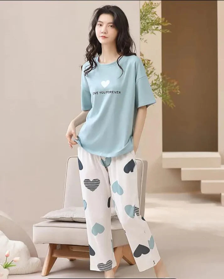 Sky blue Love you forever hearts Print Half Sleeves Printed Night Suit