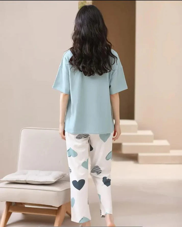 Sky blue Love you forever hearts Print Half Sleeves Printed Night Suit