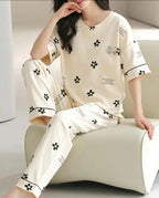 Off White Black All over flowers Print Half Sleeves Night Suit