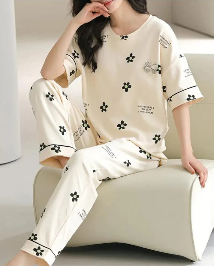Off White Black All over flowers Print Half Sleeves Night Suit