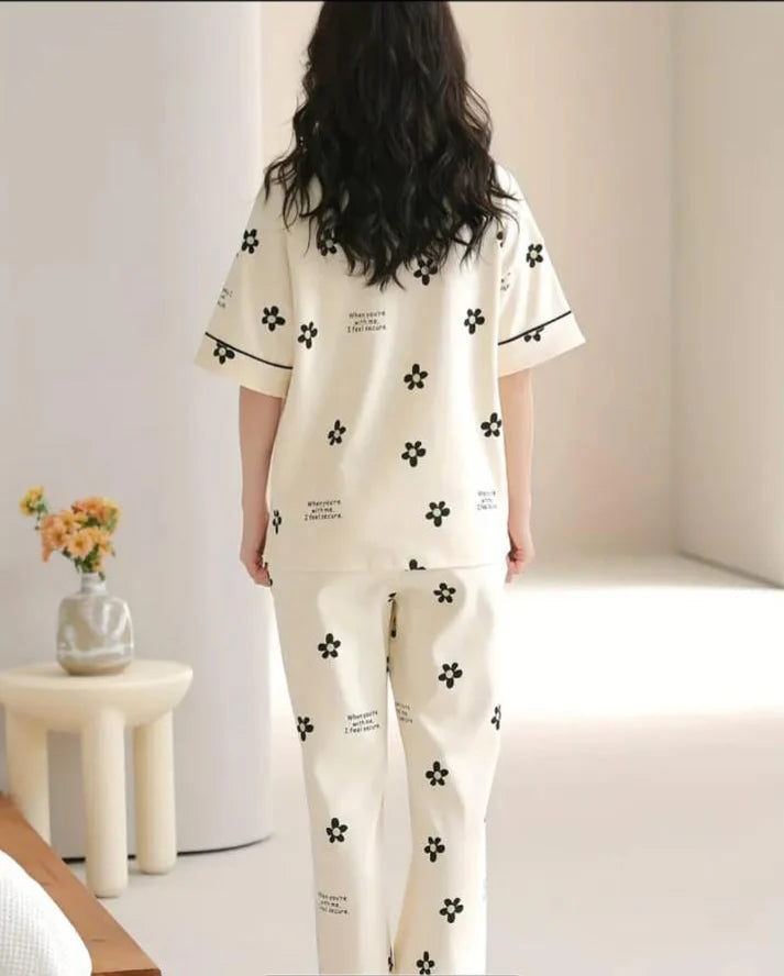 Off White Black All over flowers Print Half Sleeves Night Suit