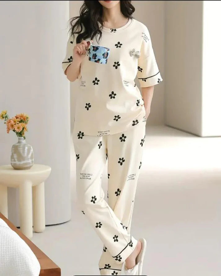 Off White Black All over flowers Print Half Sleeves Night Suit