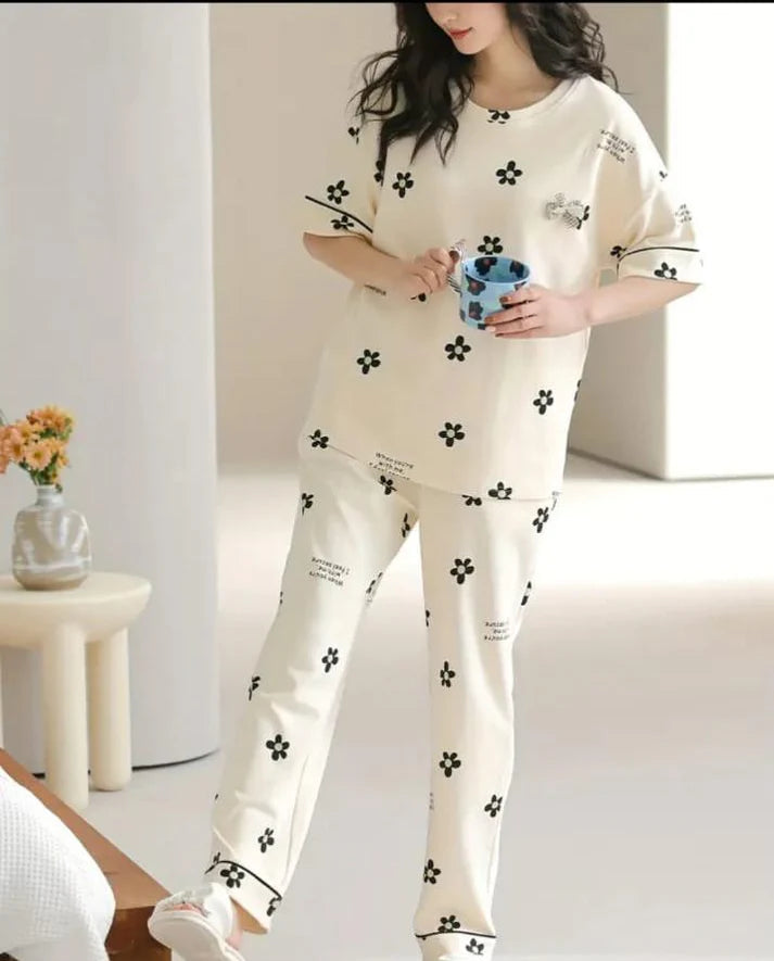 Off White Black All over flowers Print Half Sleeves Night Suit