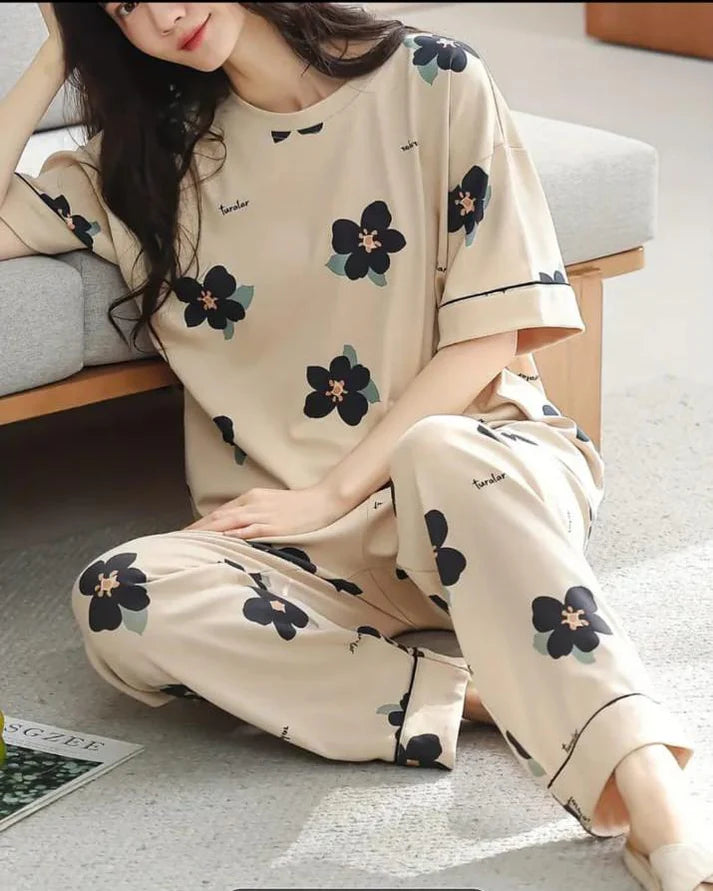 Brown All Over Flowers Printed Night Suit
