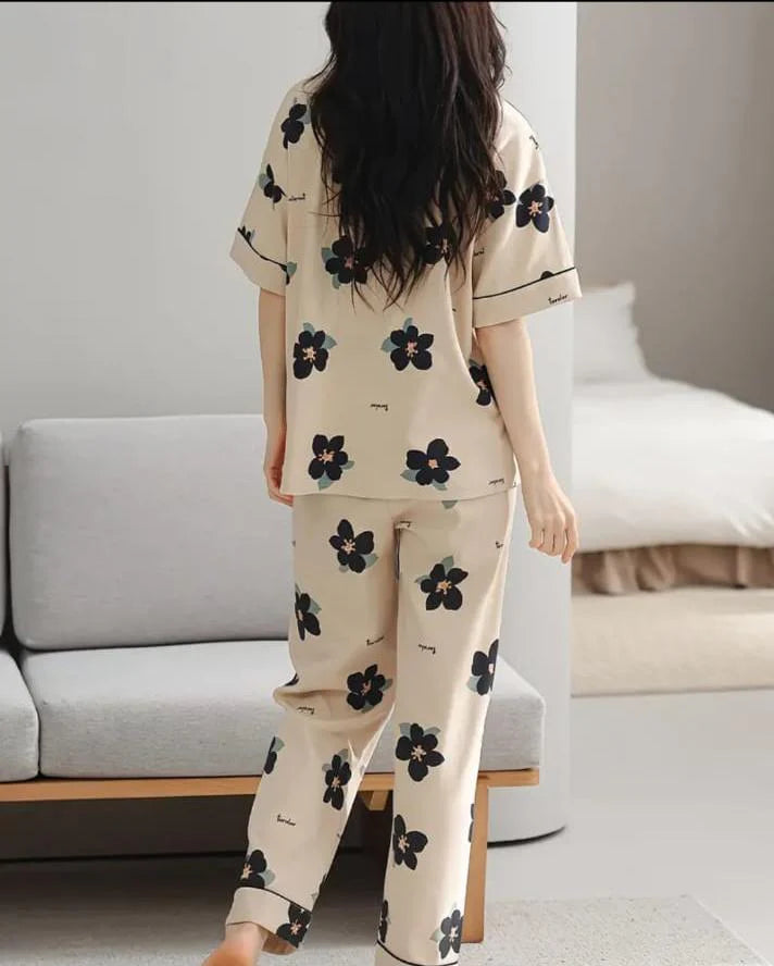 Brown All Over Flowers Printed Night Suit