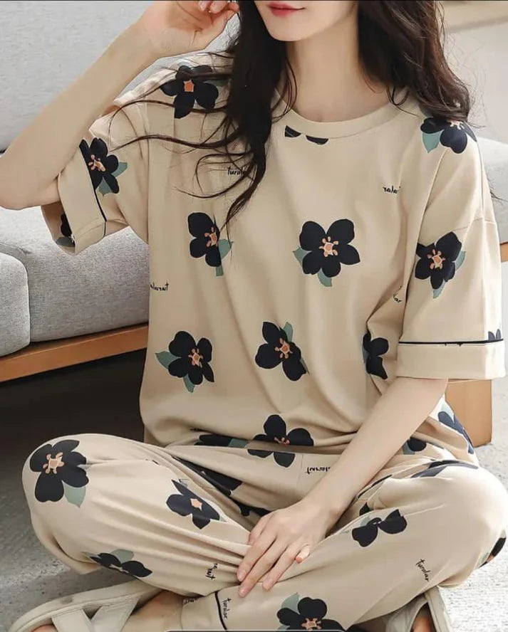 Brown All Over Flowers Printed Night Suit