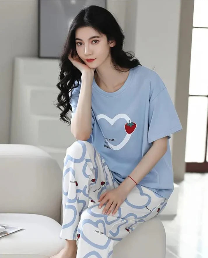 Sky blue Strawberry Heart Printed Night Suit