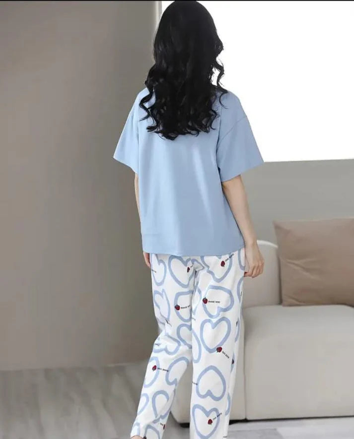 Sky blue Strawberry Heart Printed Night Suit