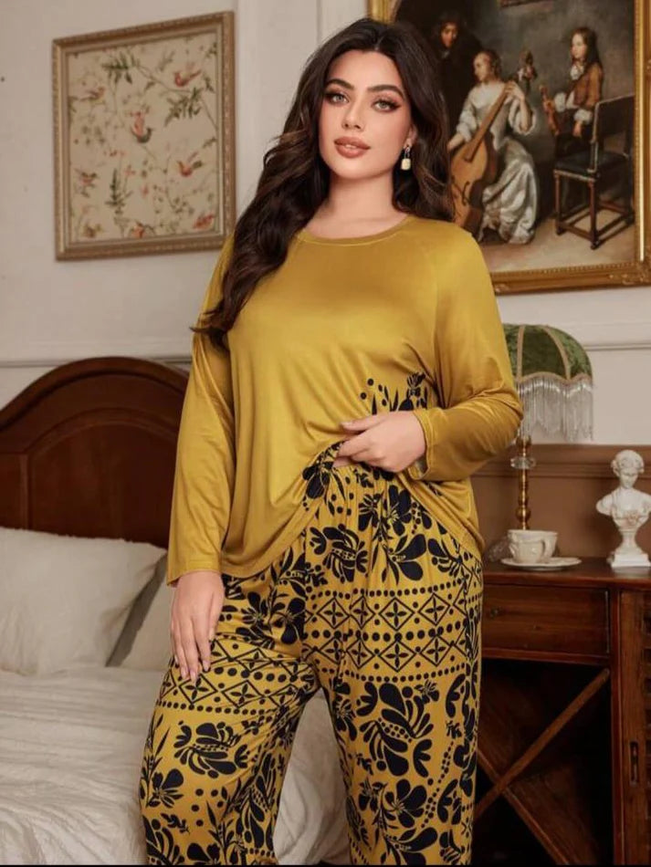 Deep Yellow Floral Print Full Sleeves with floral Printed pajama Night Suit