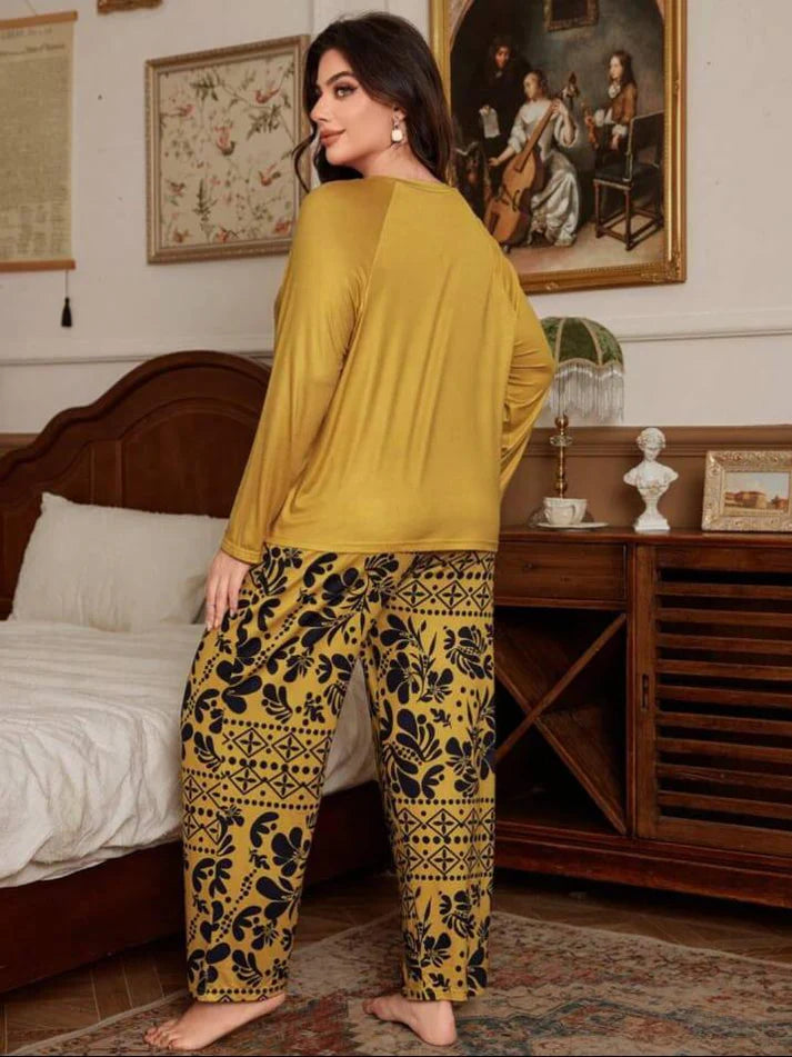 Deep Yellow Floral Print Full Sleeves with floral Printed pajama Night Suit
