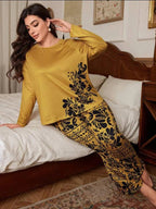 Deep Yellow Floral Print Full Sleeves with floral Printed pajama Night Suit