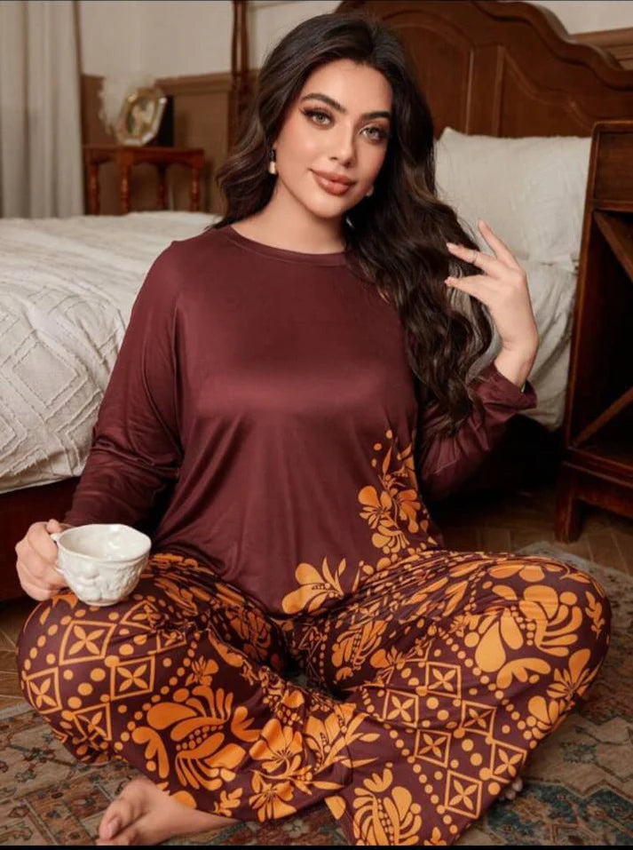 Maroon Floral Print Full Sleeves with floral Printed pajama Night Suit