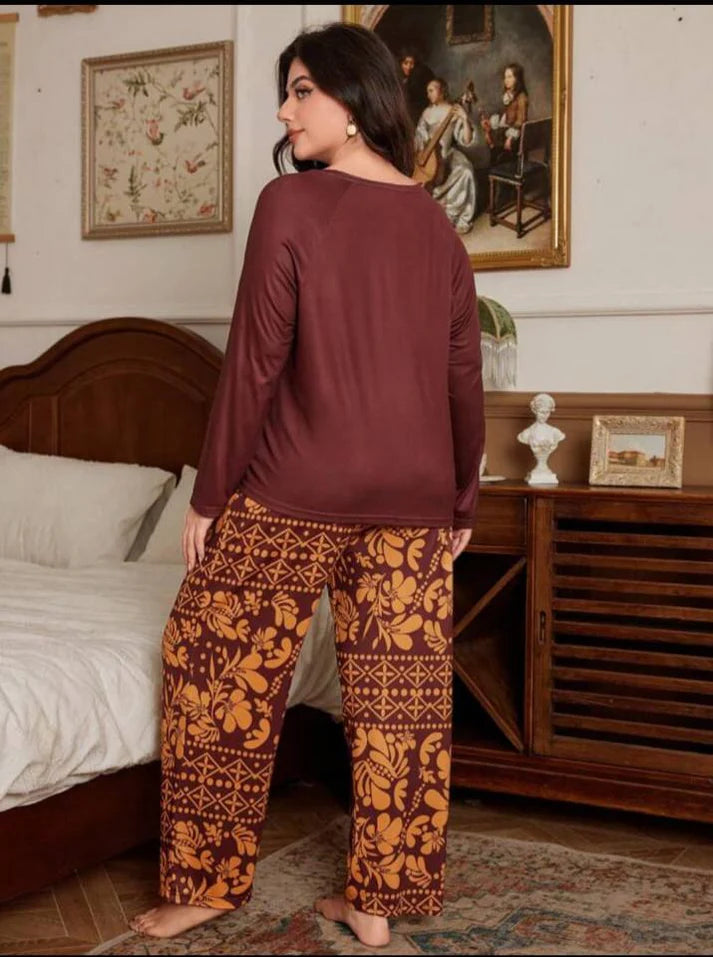 Maroon Floral Print Full Sleeves with floral Printed pajama Night Suit