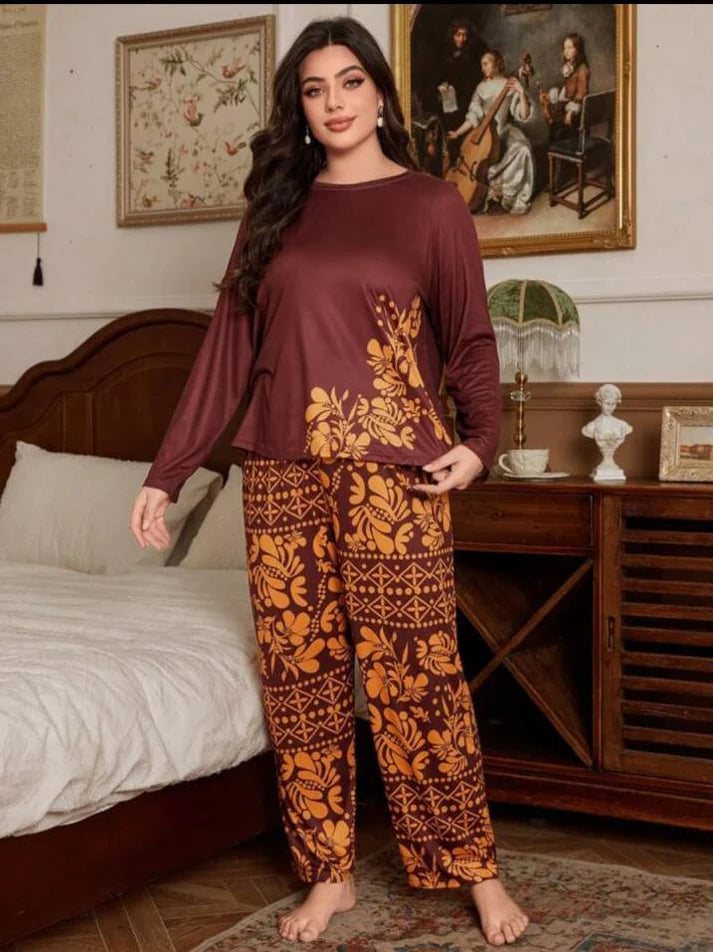 Maroon Floral Print Full Sleeves with floral Printed pajama Night Suit