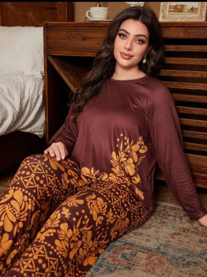 Maroon Floral Print Full Sleeves with floral Printed pajama Night Suit