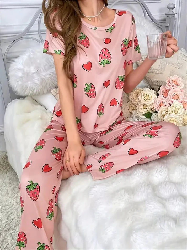 Pink All over Strawberry Half Sleeves Printed Night Suit
