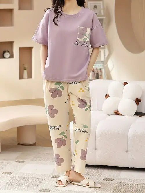 Lilac Flower Pocket Print Half Sleeves Printed Night Suit
