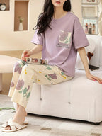 Lilac Flower Pocket Print Half Sleeves Printed Night Suit