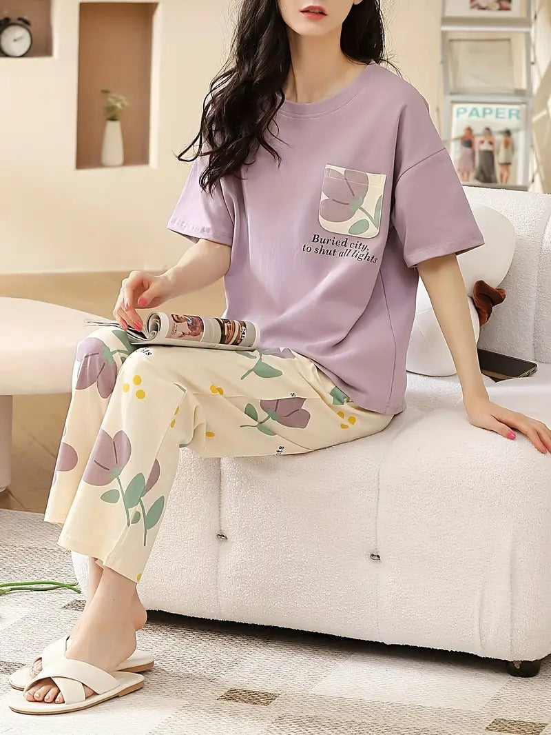 Lilac Flower Pocket Print Half Sleeves Printed Night Suit