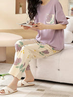 Lilac Flower Pocket Print Half Sleeves Printed Night Suit