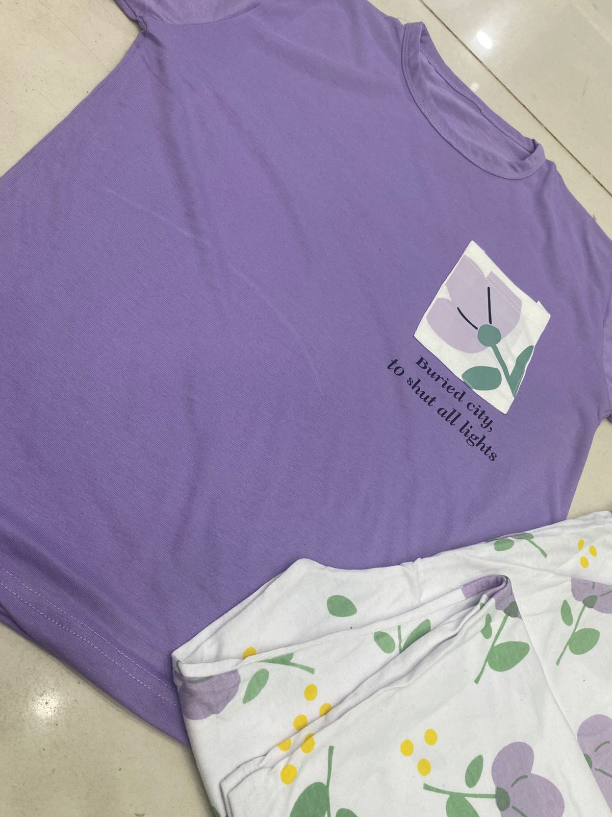 Lilac Flower Pocket Print Half Sleeves Printed Night Suit