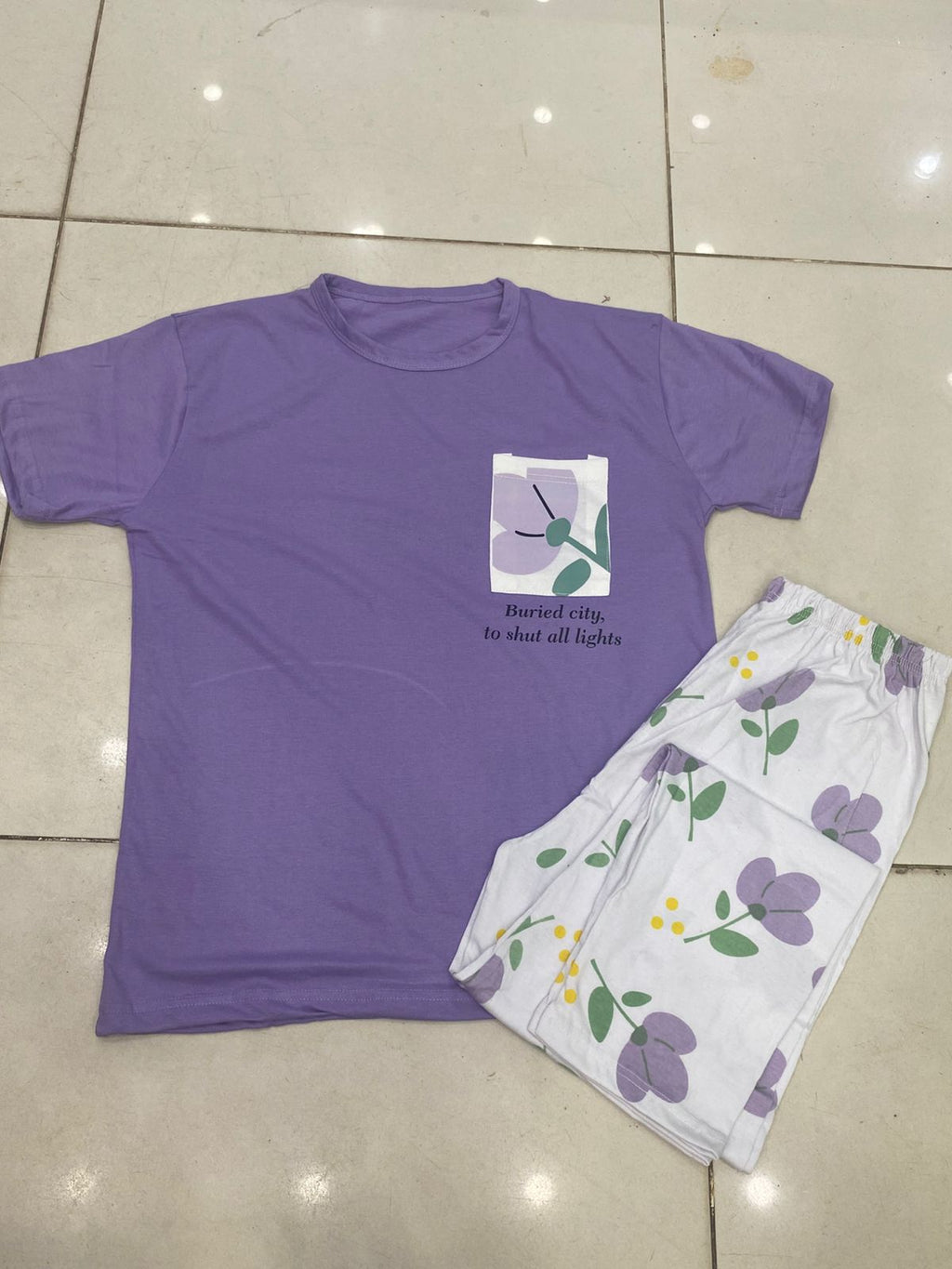 Lilac Flower Pocket Print Half Sleeves Printed Night Suit