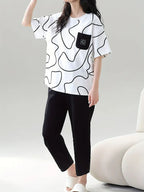 White Black Lining Pocket Printed Half Sleeves T-shirt With Plain Black Pajama Suit